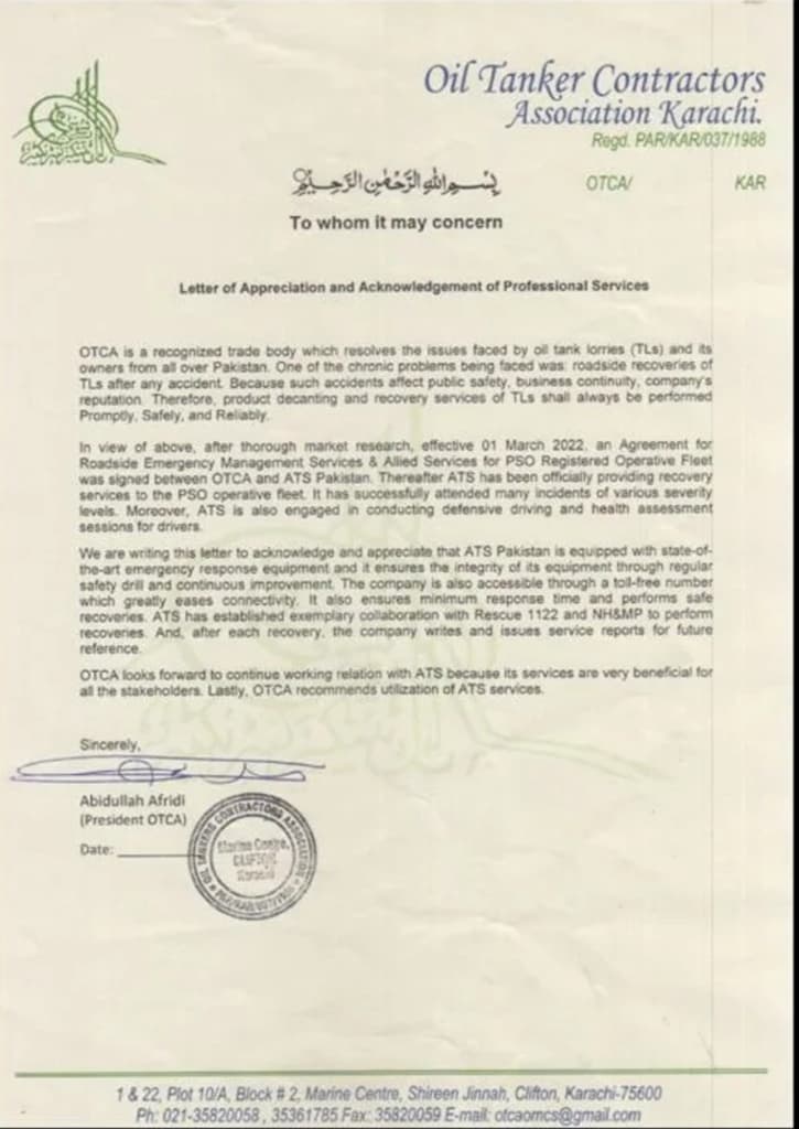 Oil Tanker Contractors Association, Karachi, Letter of Appreciation & Acknowledgement of Professional Services