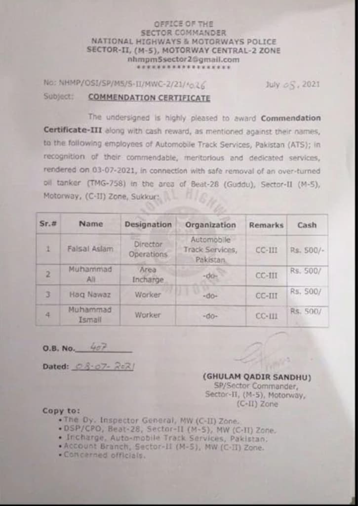 NHMP, Sector-II (M-5), Commendation Certificate-III, Sukkur, July 2021