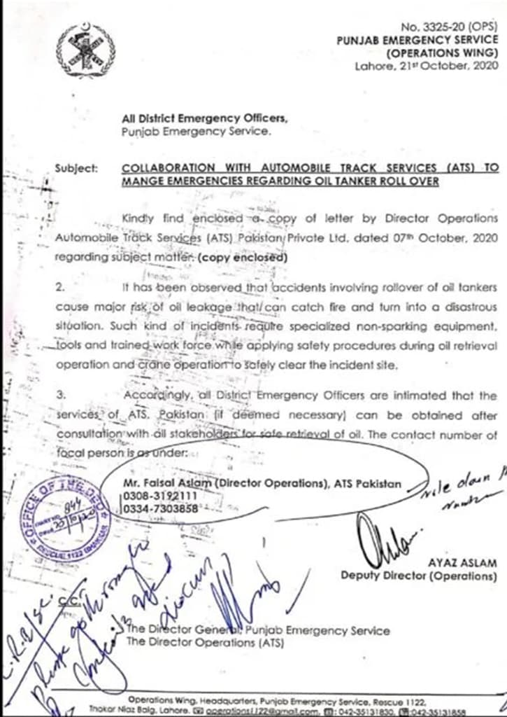 Punjab Emergency Service (Operations Wing), Collaboration Directive on Oil Tanker Emergencies, October 2020