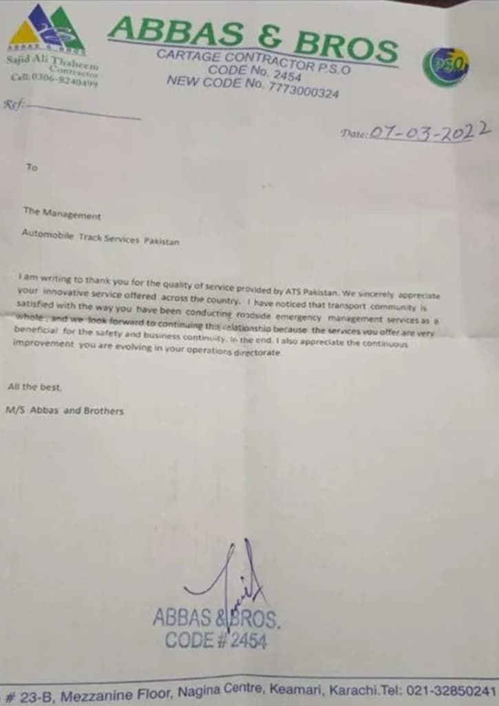 Abbas & Bros, PSO Cartage Contractor, Appreciation Letter, March 2022