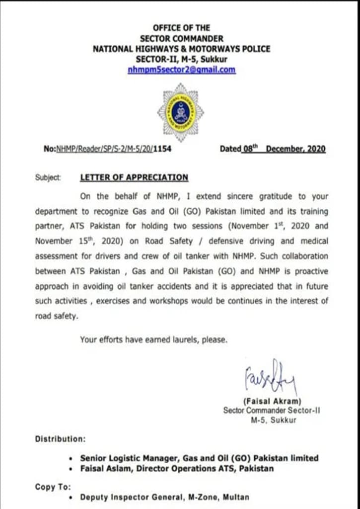 NHMP, Sector Commander, Sector-II (M-5), Letter of Appreciation, Sukkur, December 2020